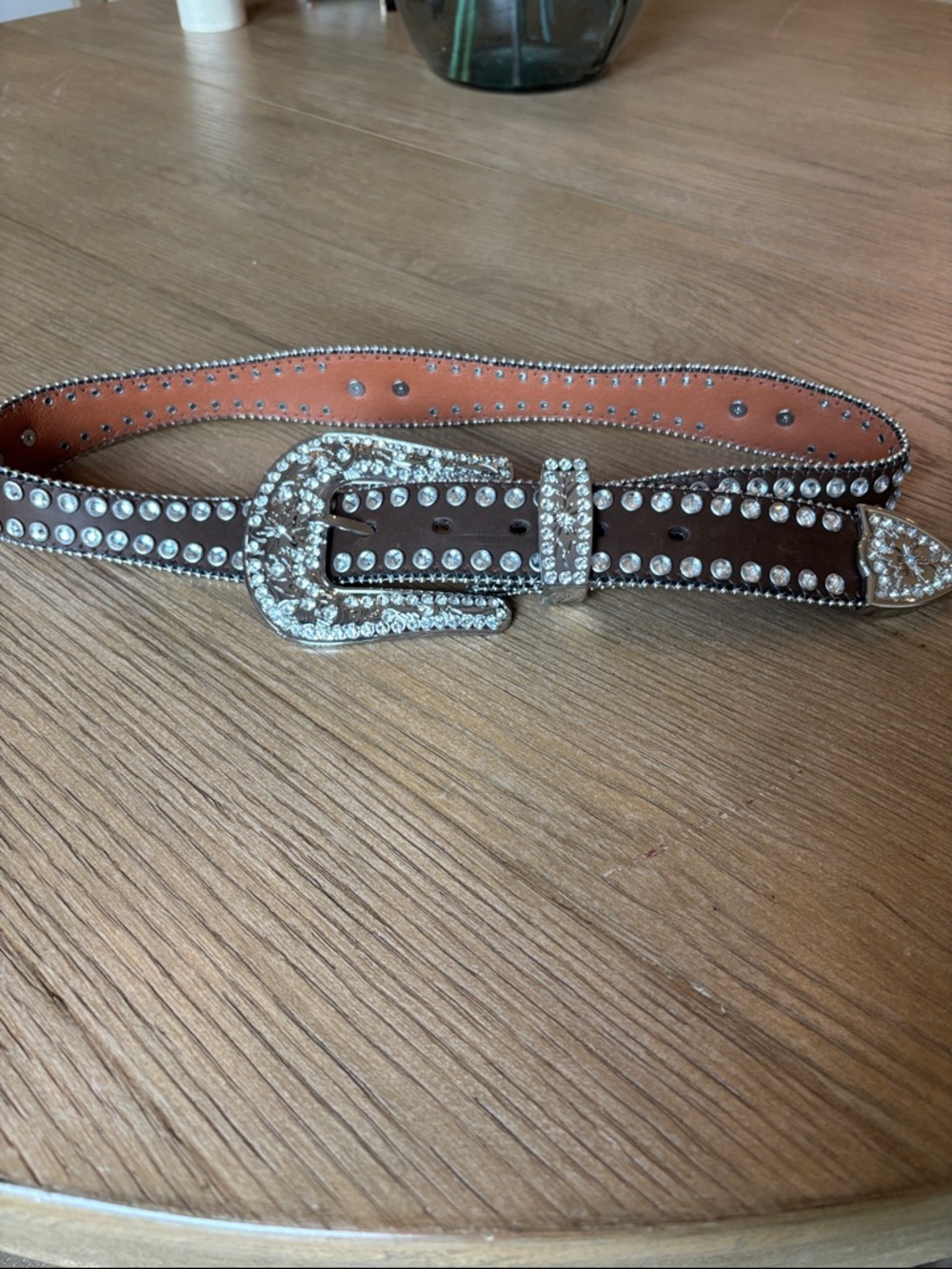 Rhinestone Embellished Brown Leather Belt